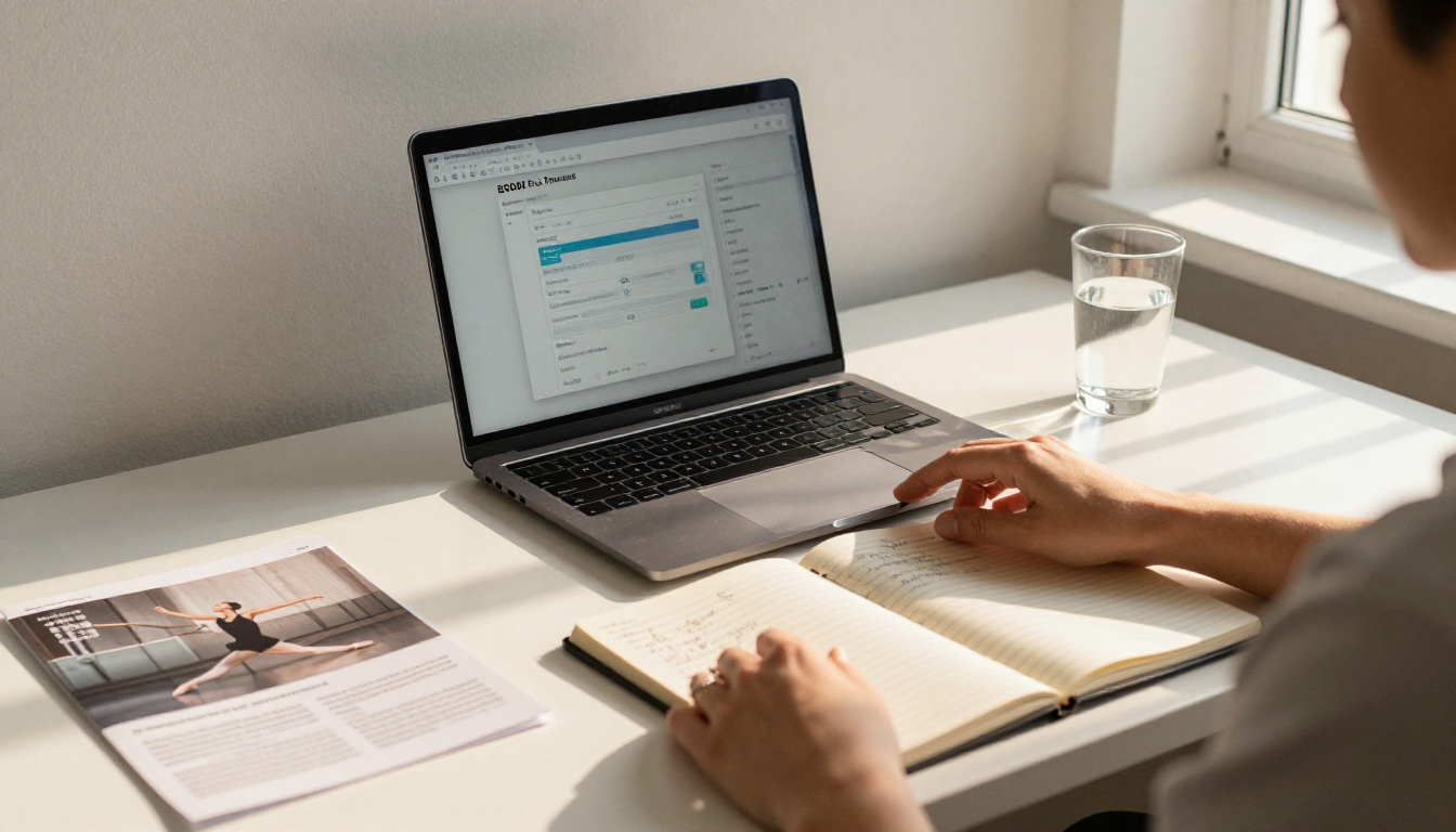 Ballet company administrator uploading PDF files on a laptop with a printed brochure for reference on the desk Ballet company administrator uploading PDF files on a laptop with a printed brochure for reference on the desk