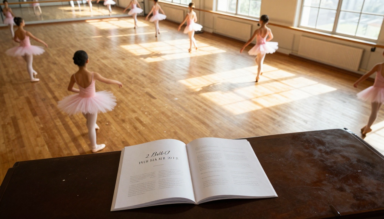 Dance studio with ballet students rehearsing, recital program resting on piano Dance studio with ballet students rehearsing, recital program resting on piano