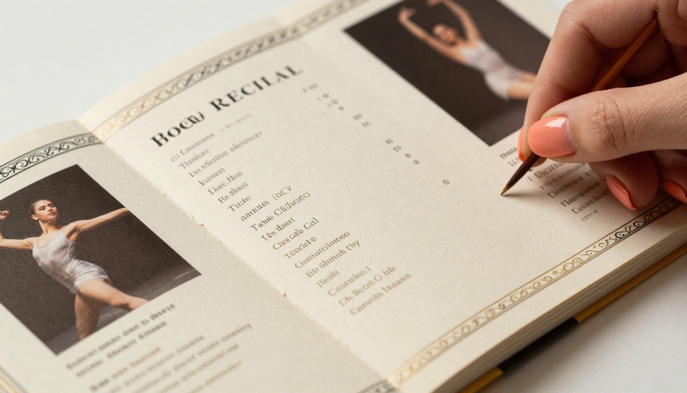 Close-up of open dance recital program pages showing dancer biographies and performance order Close-up of open dance recital program pages showing dancer biographies and performance order