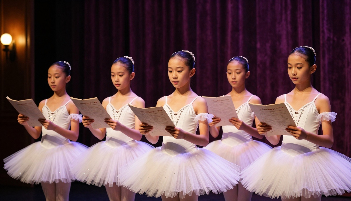 Young ballet dancers backstage in costumes holding open recital programs Young ballet dancers backstage in costumes holding open recital programs