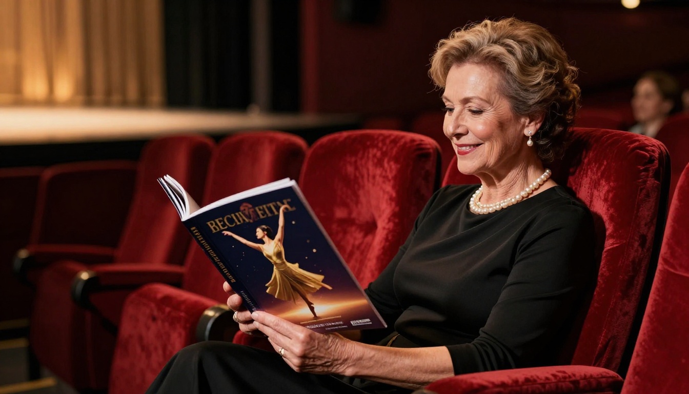 Audience member in theater seat smiling while flipping through a recital program
