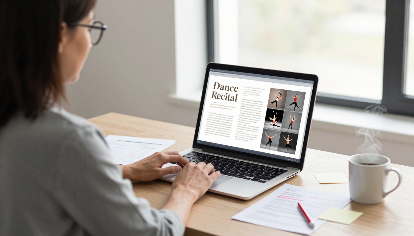 Dance studio director designing a recital program on a laptop at a modern desk Dance studio director designing a recital program on a laptop at a modern desk