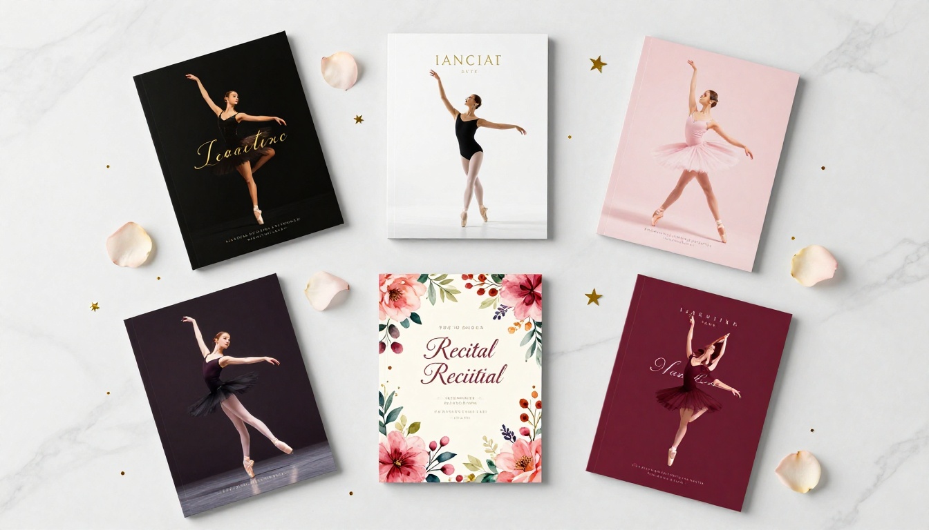 Flat lay of five different dance recital program design styles on marble surface Flat lay of five different dance recital program design styles on marble surface