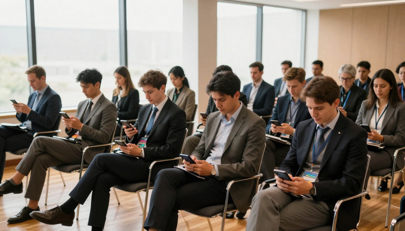 Conference attendees viewing digital programs on their smartphones