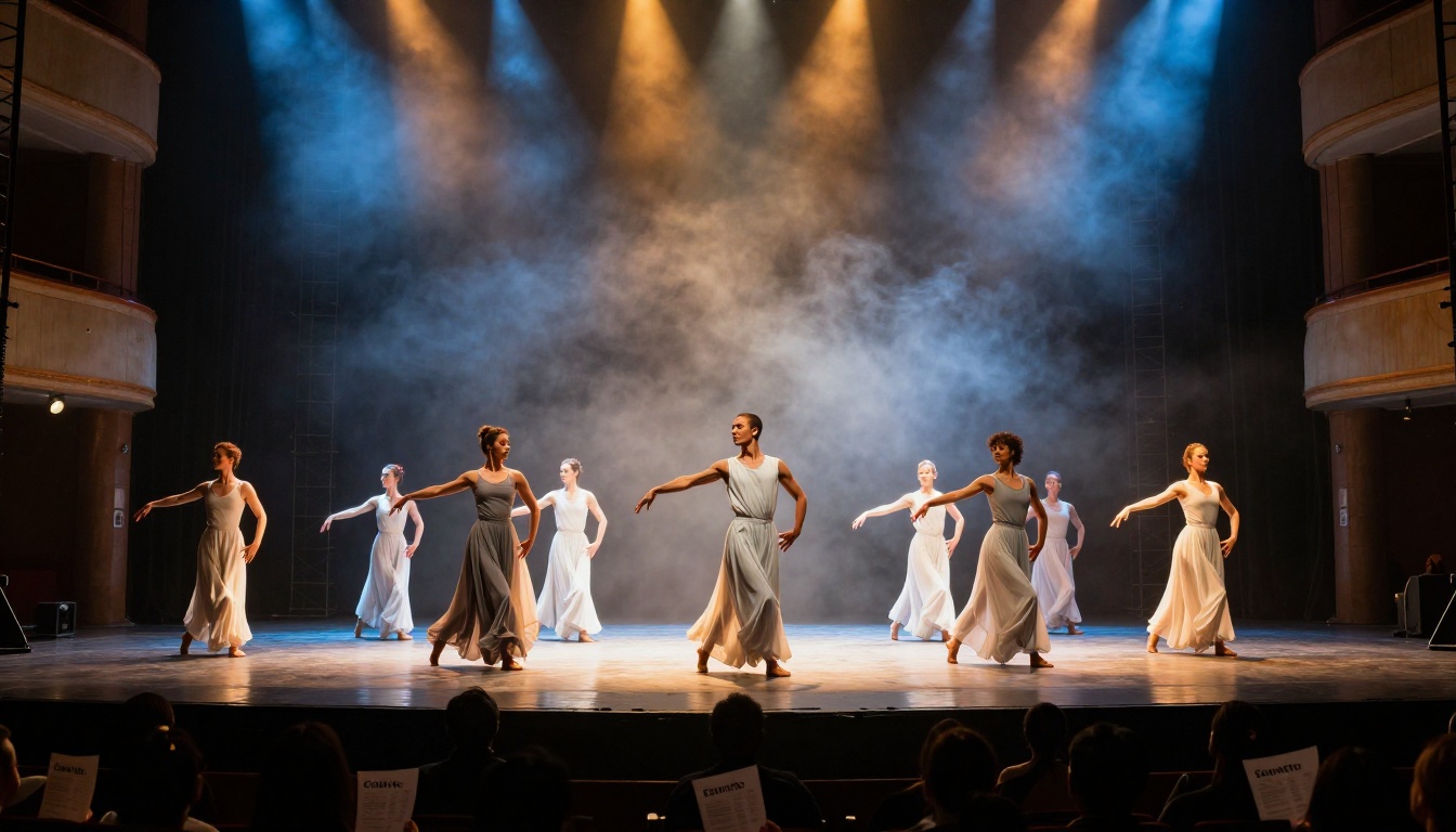 Contemporary dance troupe performing on stage with audience members holding programs