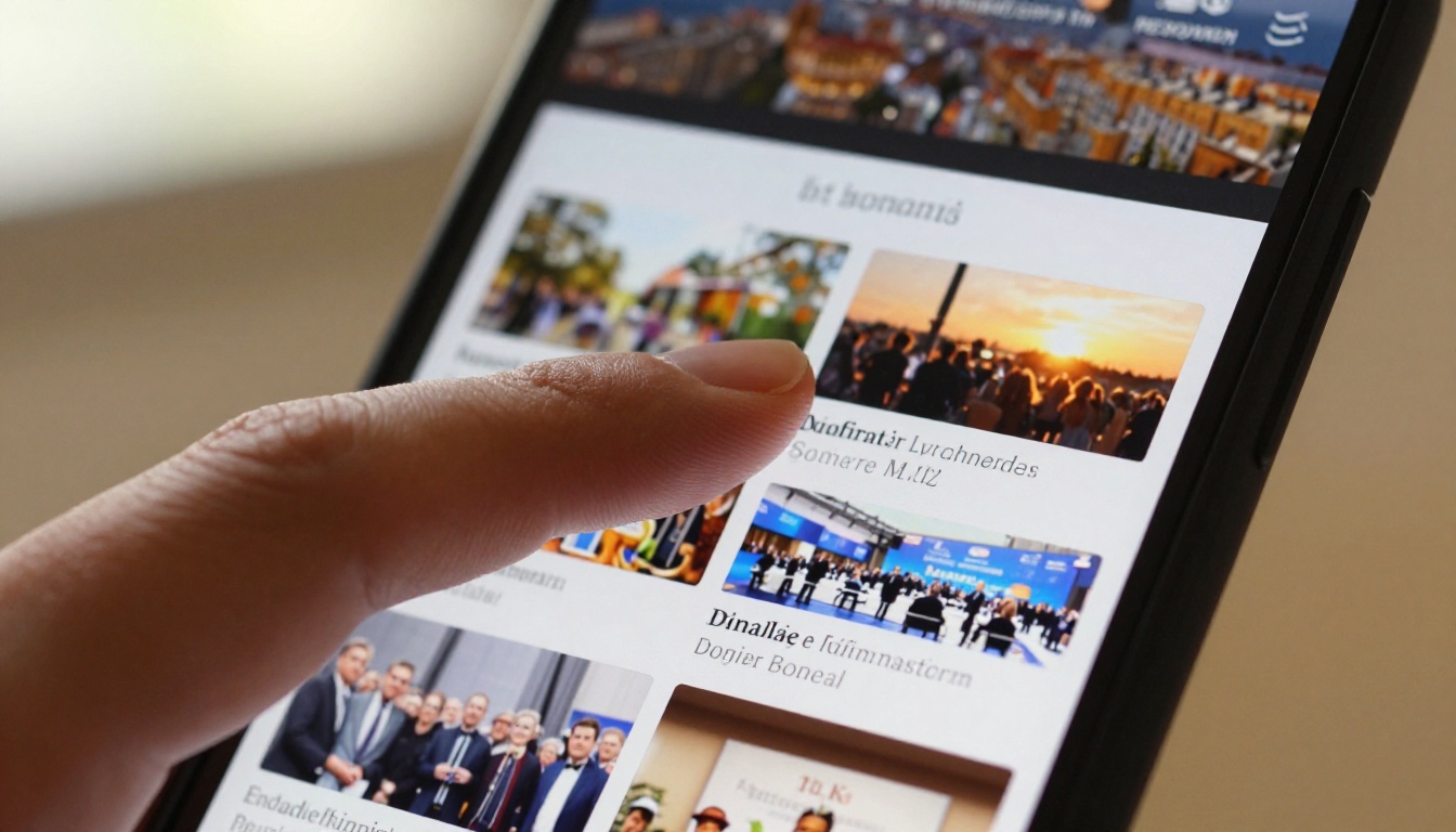 Close-up of someone swiping through a digital flipbook event program on a smartphone