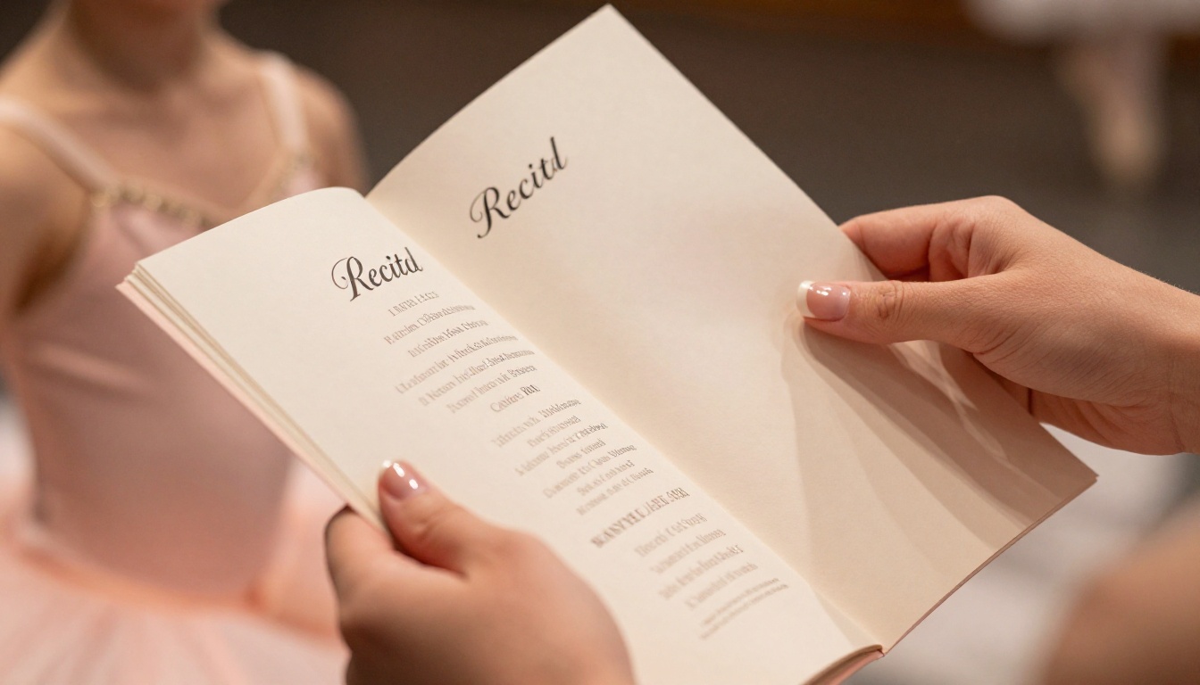 Young ballerina's hands holding open an elegantly designed dance recital program