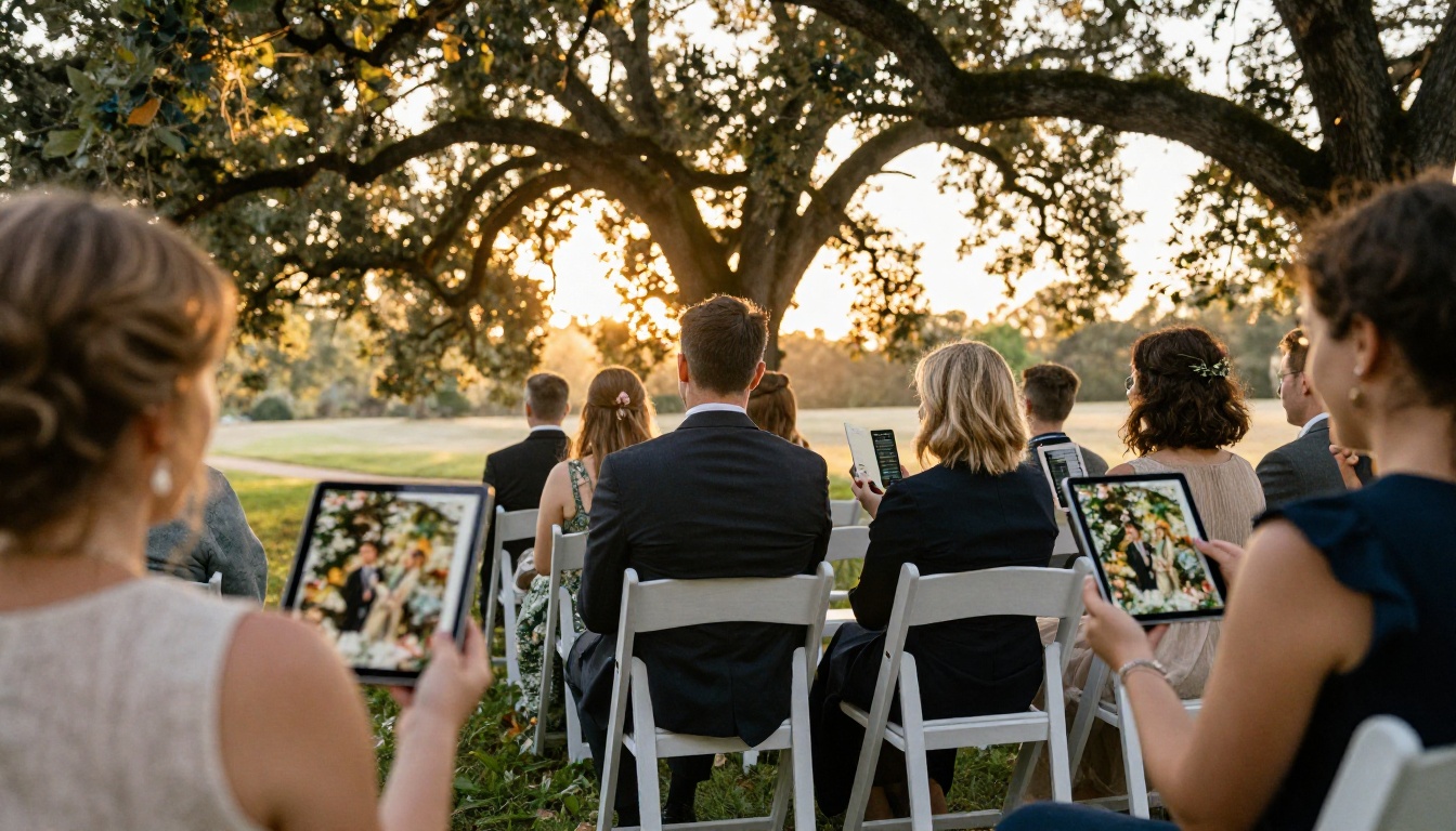 Wedding guests viewing digital event programs on tablets at an outdoor ceremony
