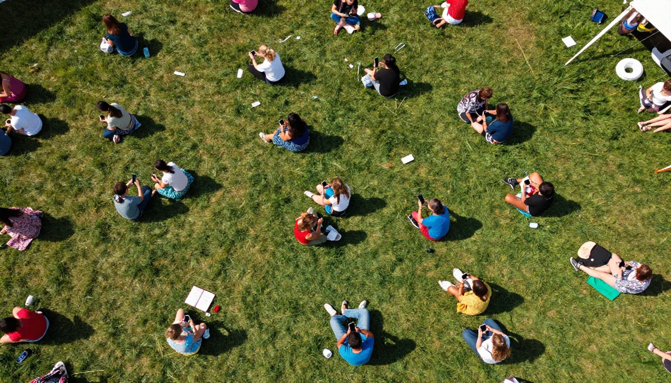 Aerial view of outdoor festival attendees using smartphones to view digital event programs