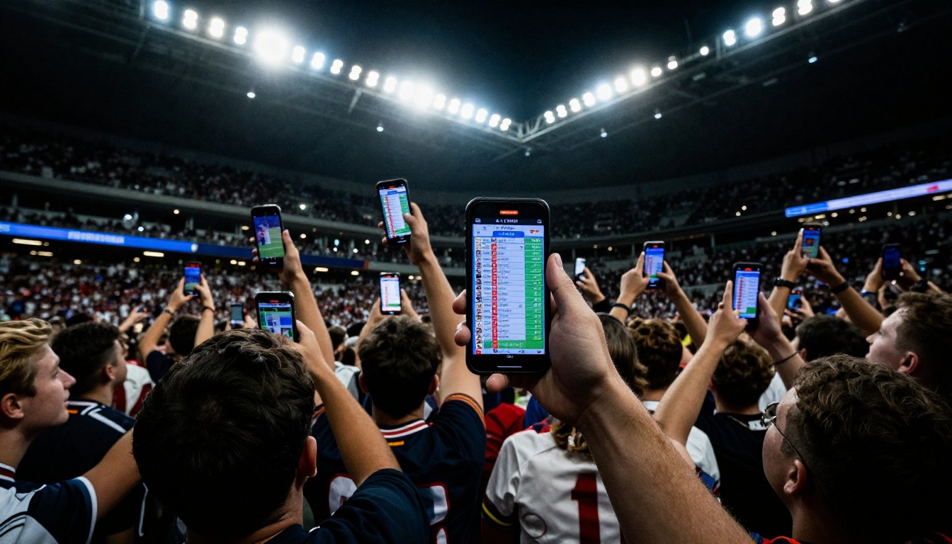 Sports stadium crowd with fans holding up smartphones showing digital event programs