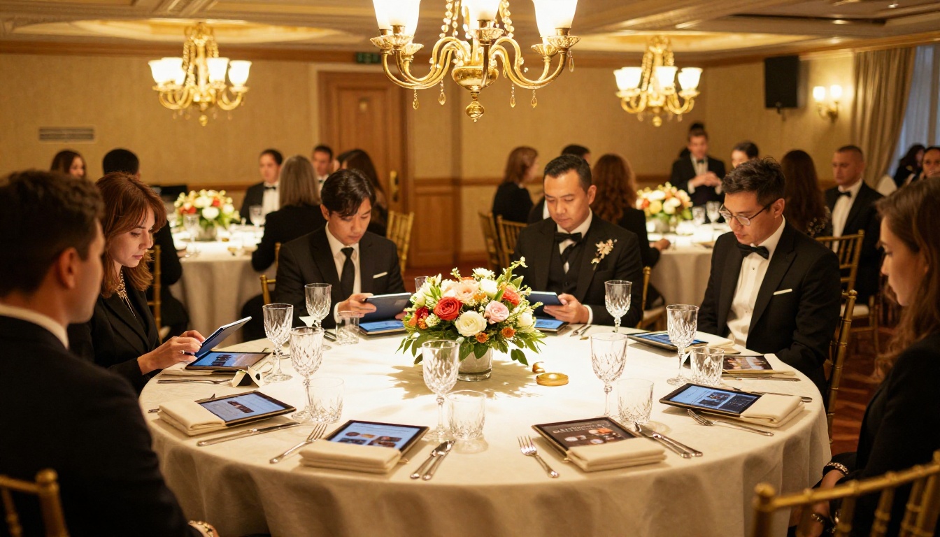 Elegant charity gala banquet hall with attendees reviewing digital programs on slim tablets