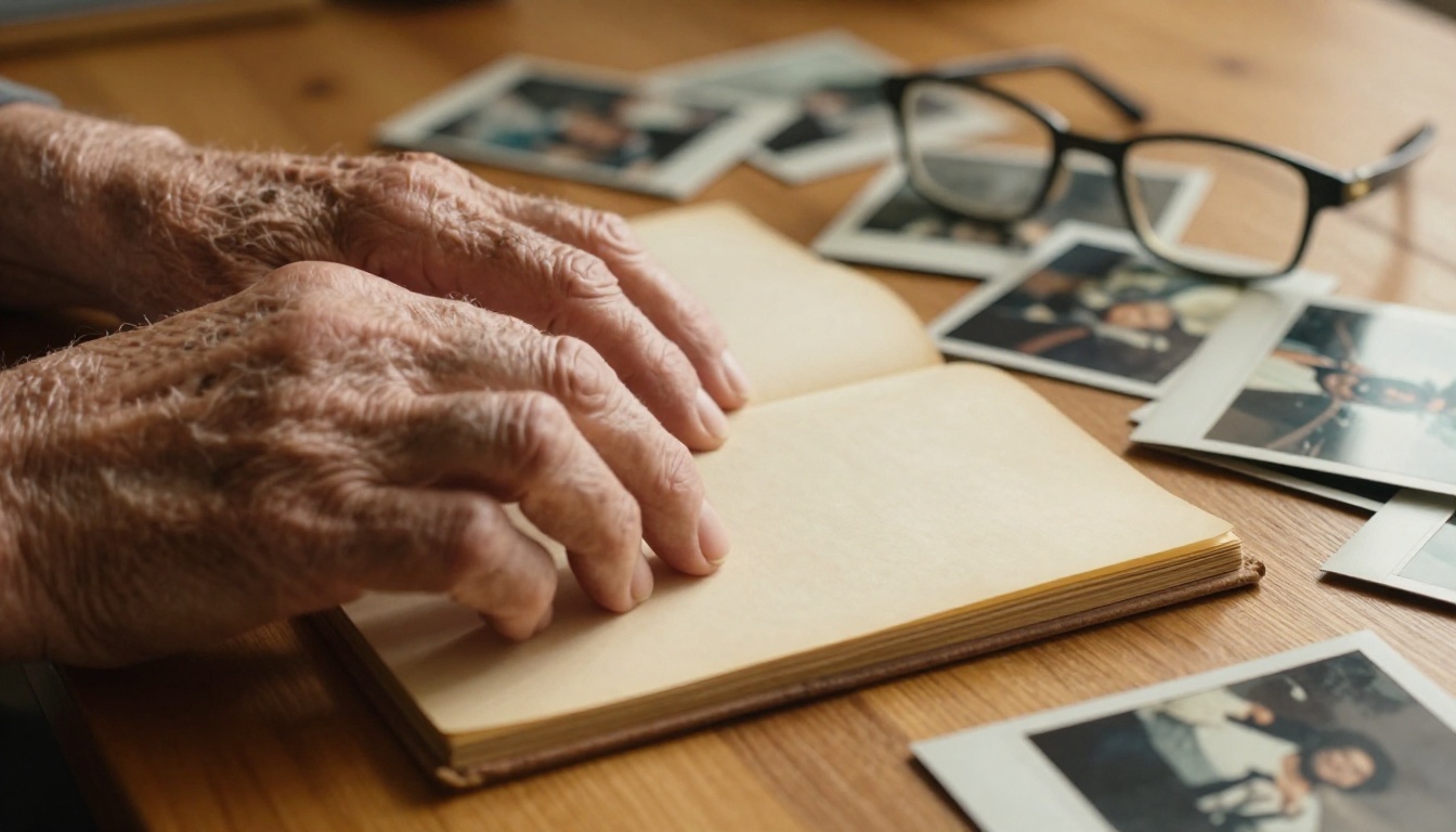 Close-up of elderly hands gently turning pages of a vintage photo album with Polaroids scattered on a wooden table
