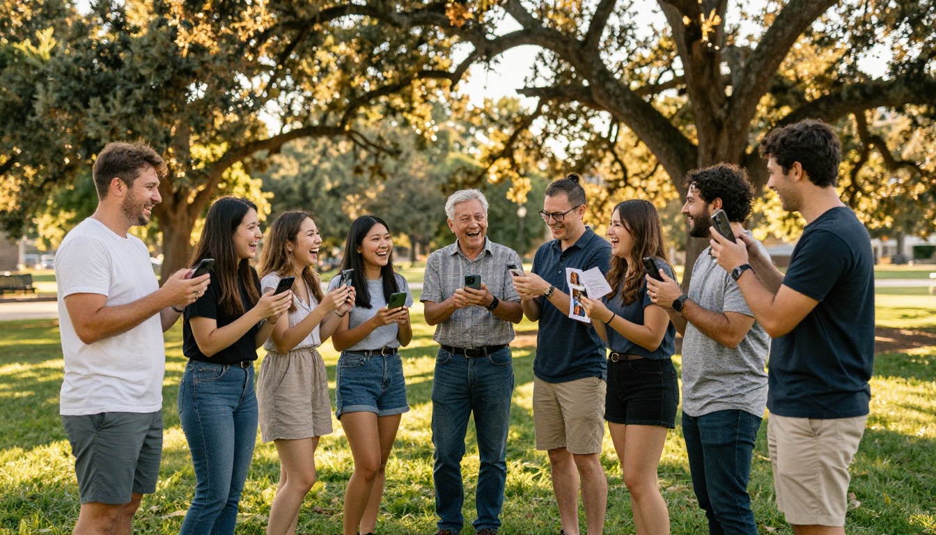 Group of friends at a class reunion laughing and sharing digital photos outdoors