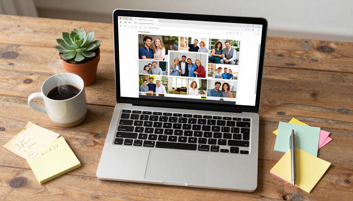 Aerial flat-lay view of laptop showing digital flipbook surrounded by printed reunion photos, coffee, and notes