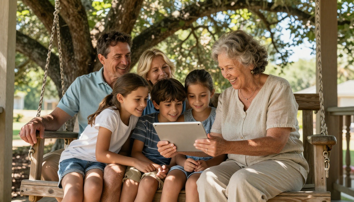 Multigenerational family seated together on a porch swing looking at a tablet with warm sunlight filtering through trees
