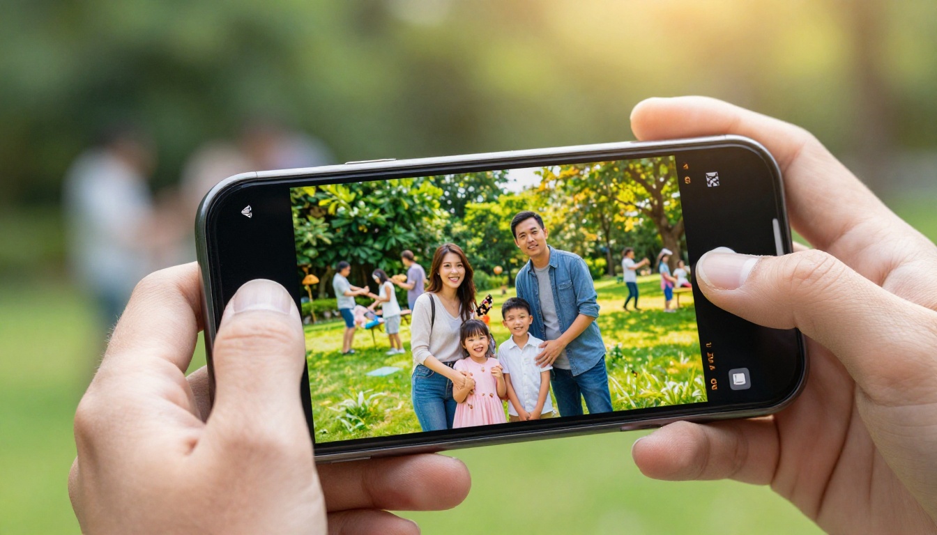 Close-up of a smartphone showing a digital flipbook page with reunion photos, soft garden gathering in the background