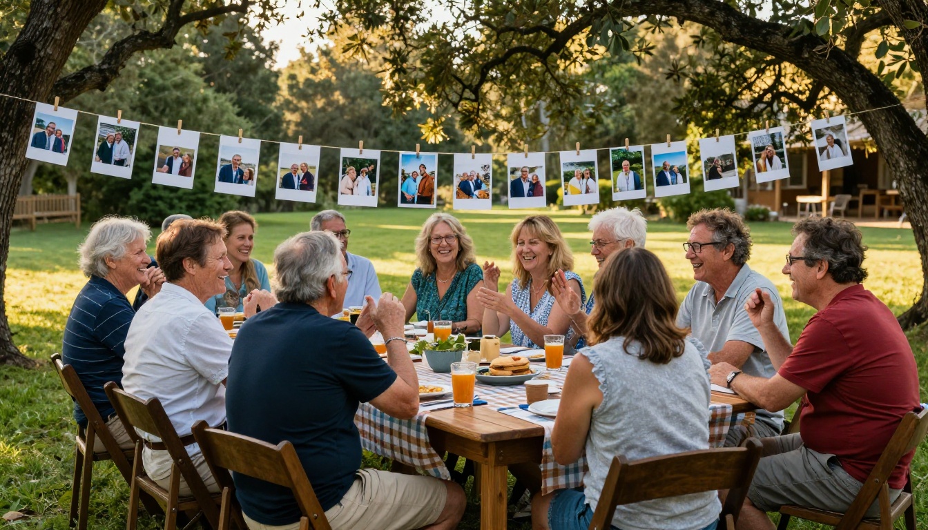 Long outdoor banquet table at a summer family reunion with people laughing and reunion photos displayed on a clothesline