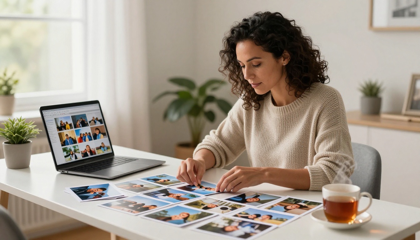 Woman with dark curly hair sorting reunion photographs at a home office desk with a laptop open beside her