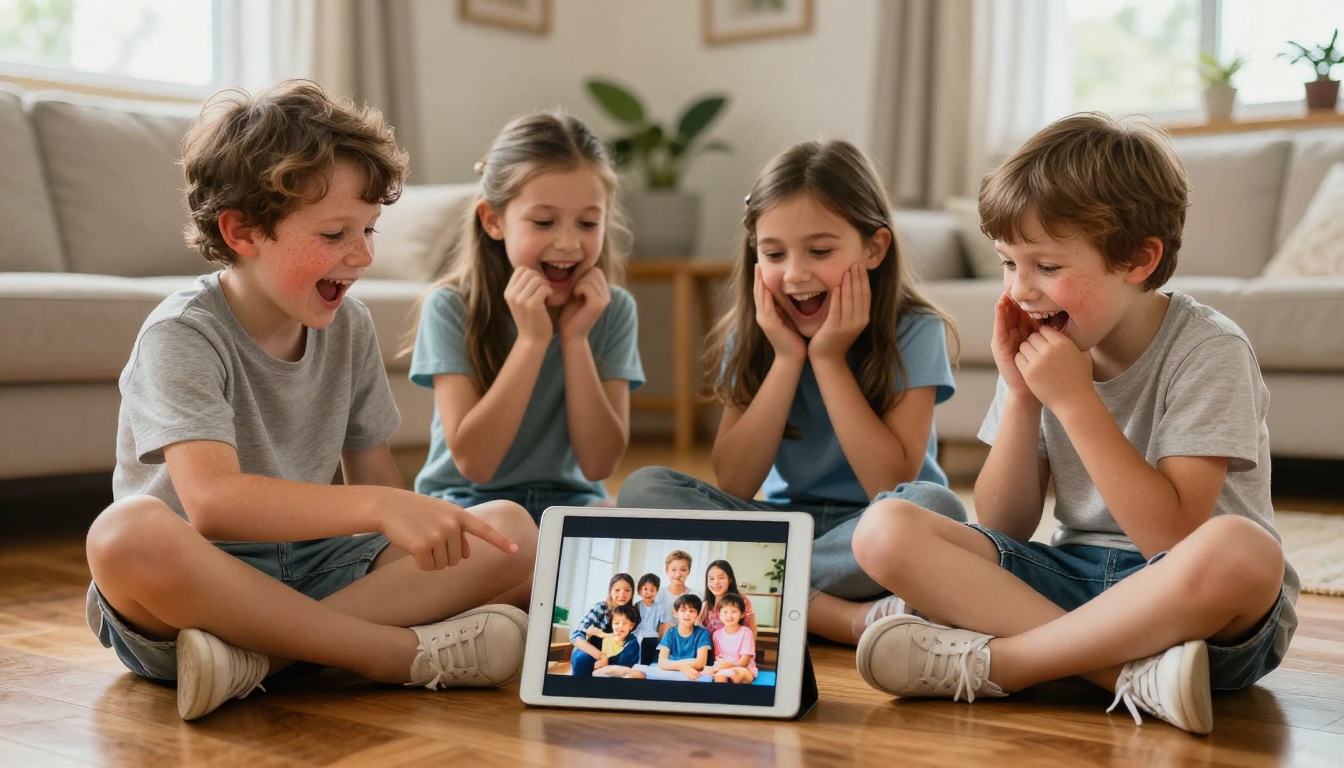 Two young cousins sitting cross-legged on a hardwood floor sharing a tablet displaying old family reunion photos, both laughing with delight