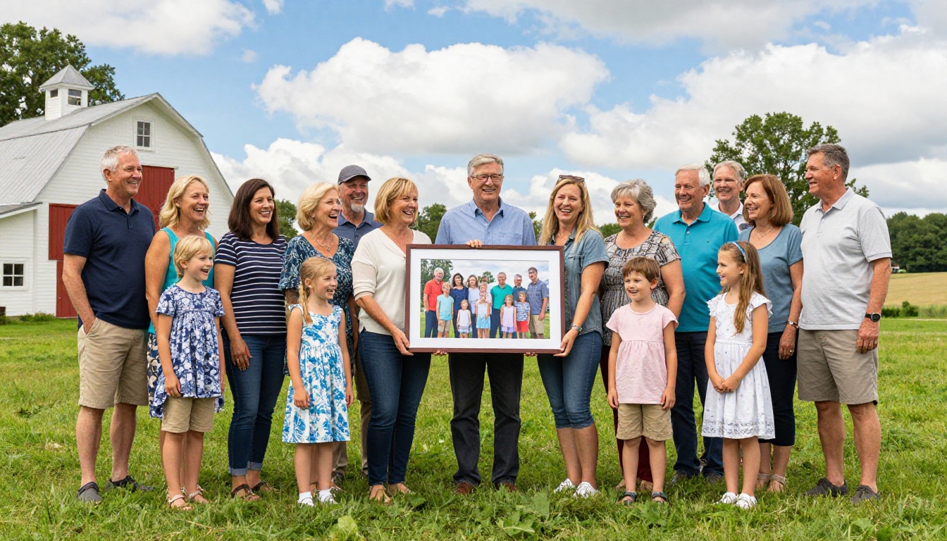 Large multigenerational family gathered on a green farmhouse lawn holding a framed photo collage, smiling under a bright blue sky