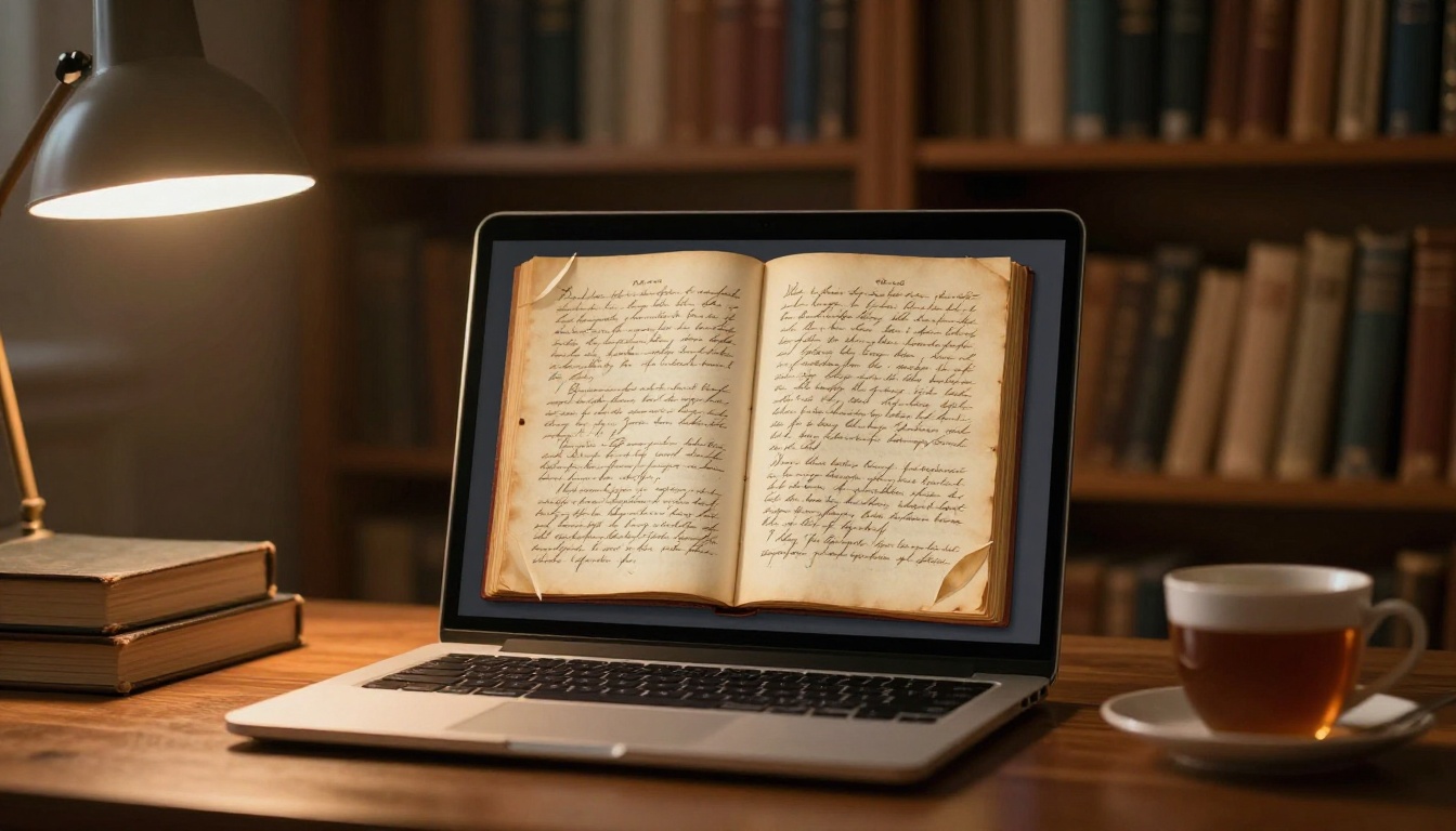Laptop showing digital flipbook with old letter pages