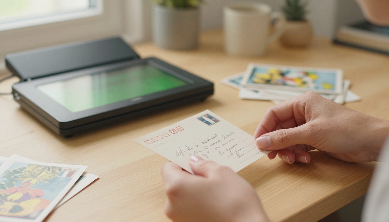 Hands carefully placing a vintage postcard onto a flatbed scanner