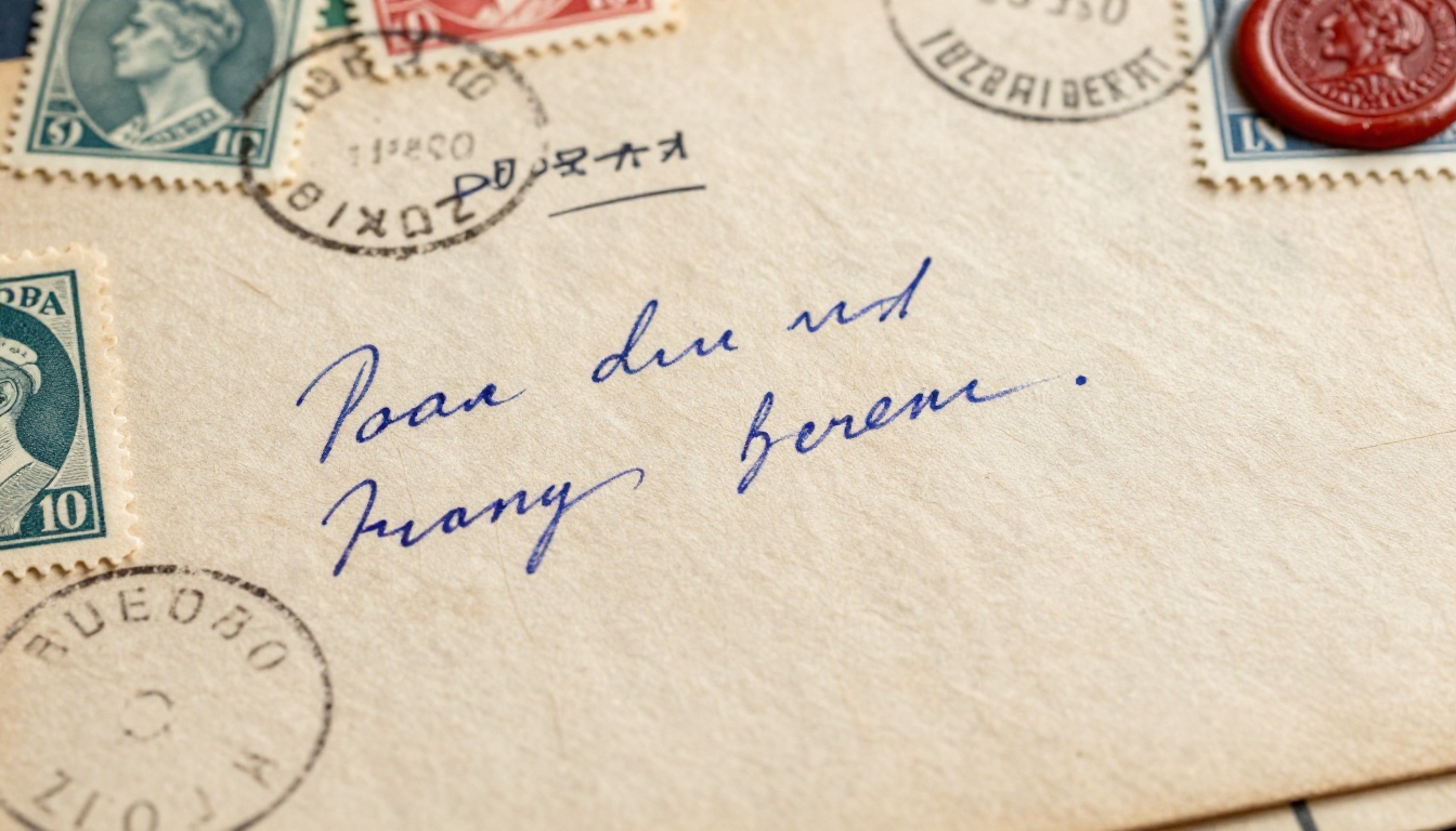 Macro close-up of vintage postage stamps and handwritten postcard messages