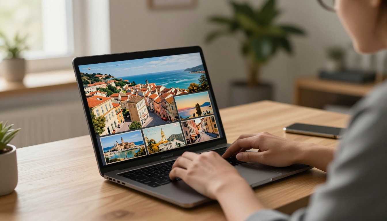 Person viewing a digital postcard flipbook on a laptop at a home desk