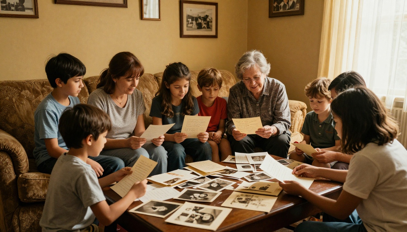 Family gathered together reading old letters