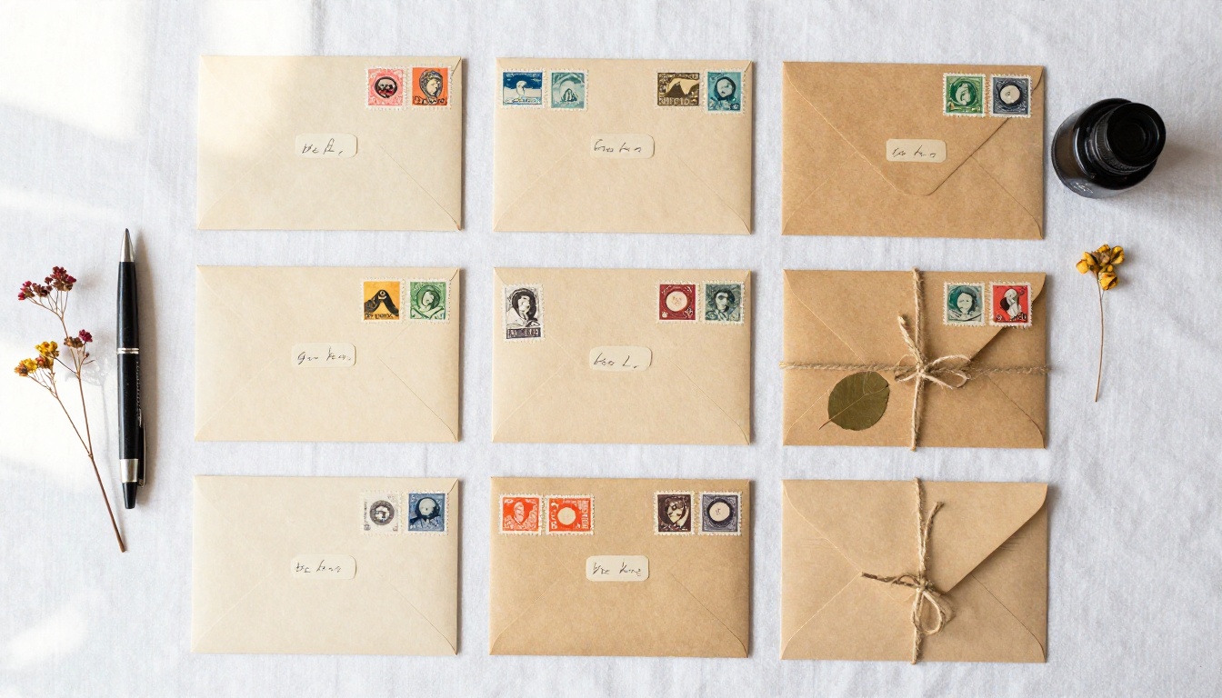 Aerial flat lay of vintage letters organized on white linen Aerial flat lay of vintage letters organized on white linen