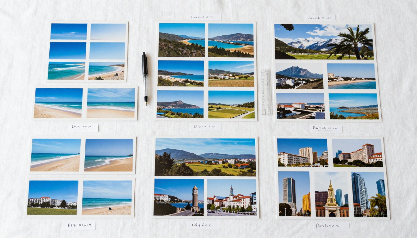 Postcard collection organized by destination on a light wood surface