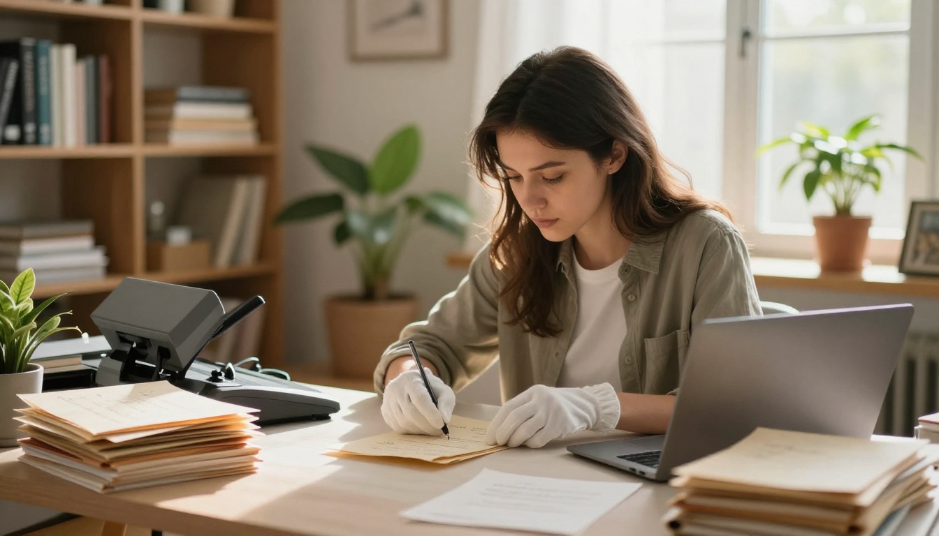 Woman digitizing old letters at desk with scanner Woman digitizing old letters at desk with scanner