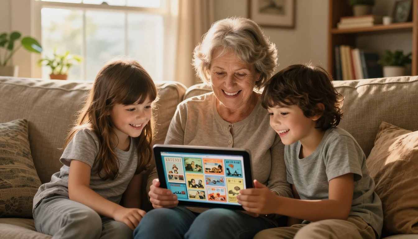 Grandmother and grandchildren sharing a family postcard flipbook on a tablet together