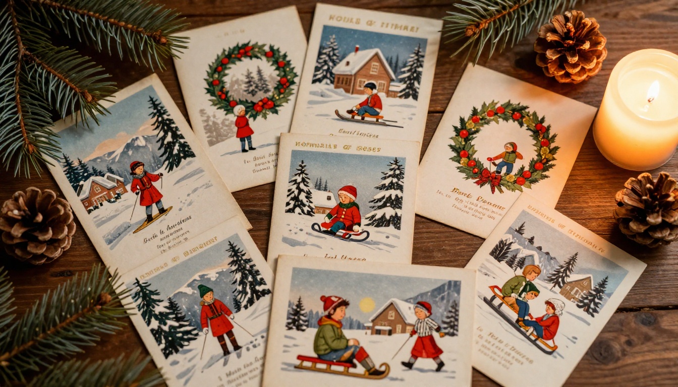Vintage Christmas holiday postcards from the 1950s through 1970s arranged on dark walnut wood