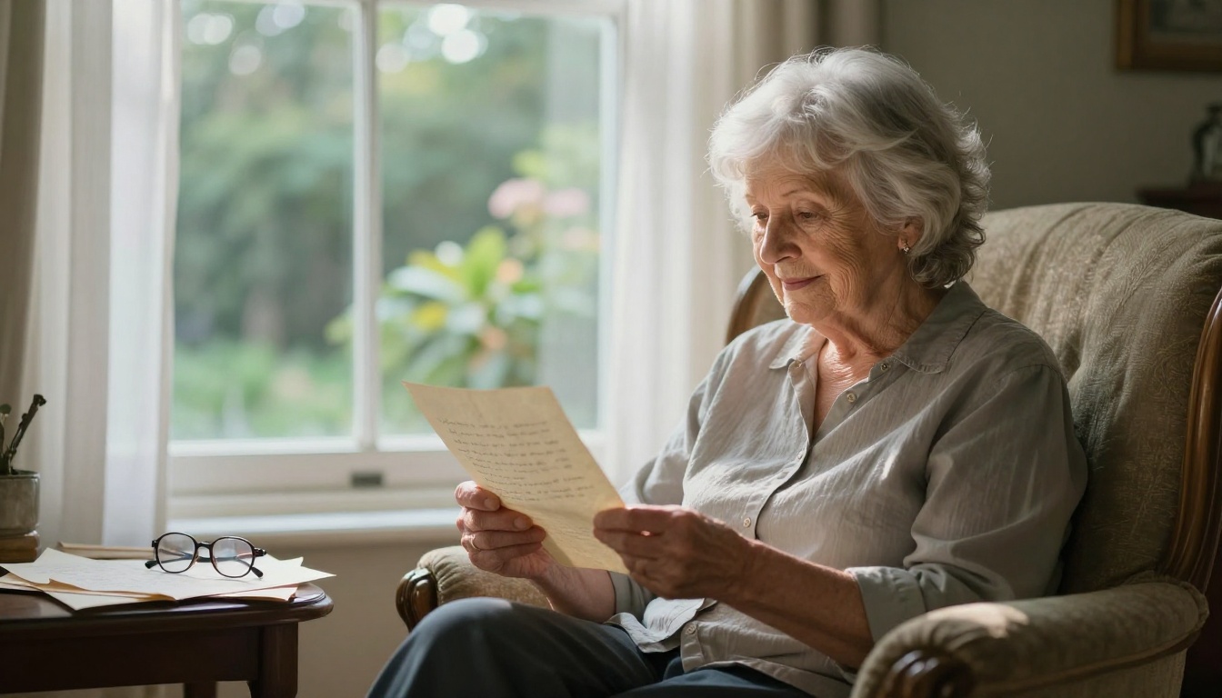 Elderly woman reading old letters by a window Elderly woman reading old letters by a window