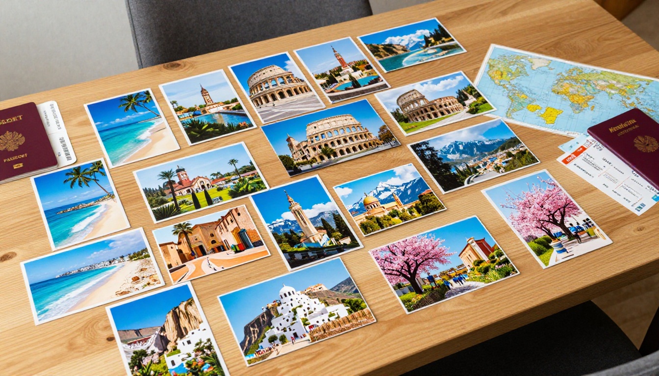 Wide spread of travel postcards from global destinations arranged on a dining table
