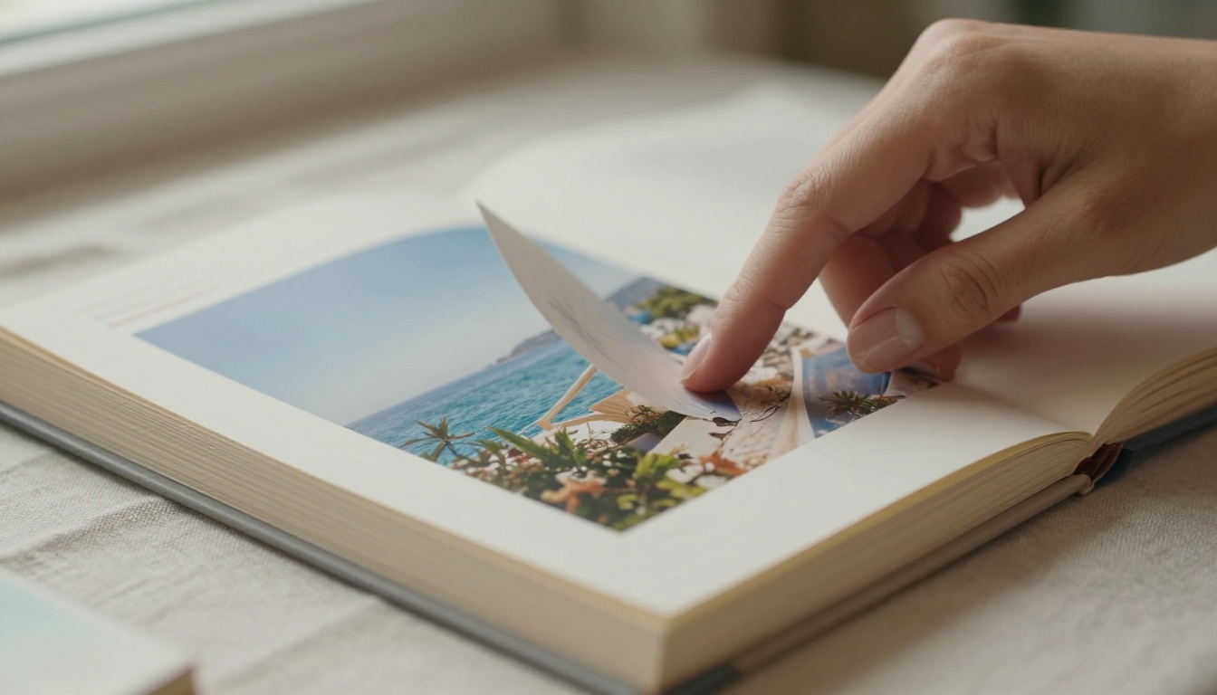 A person gently turning pages of a beautifully printed postcard photo book