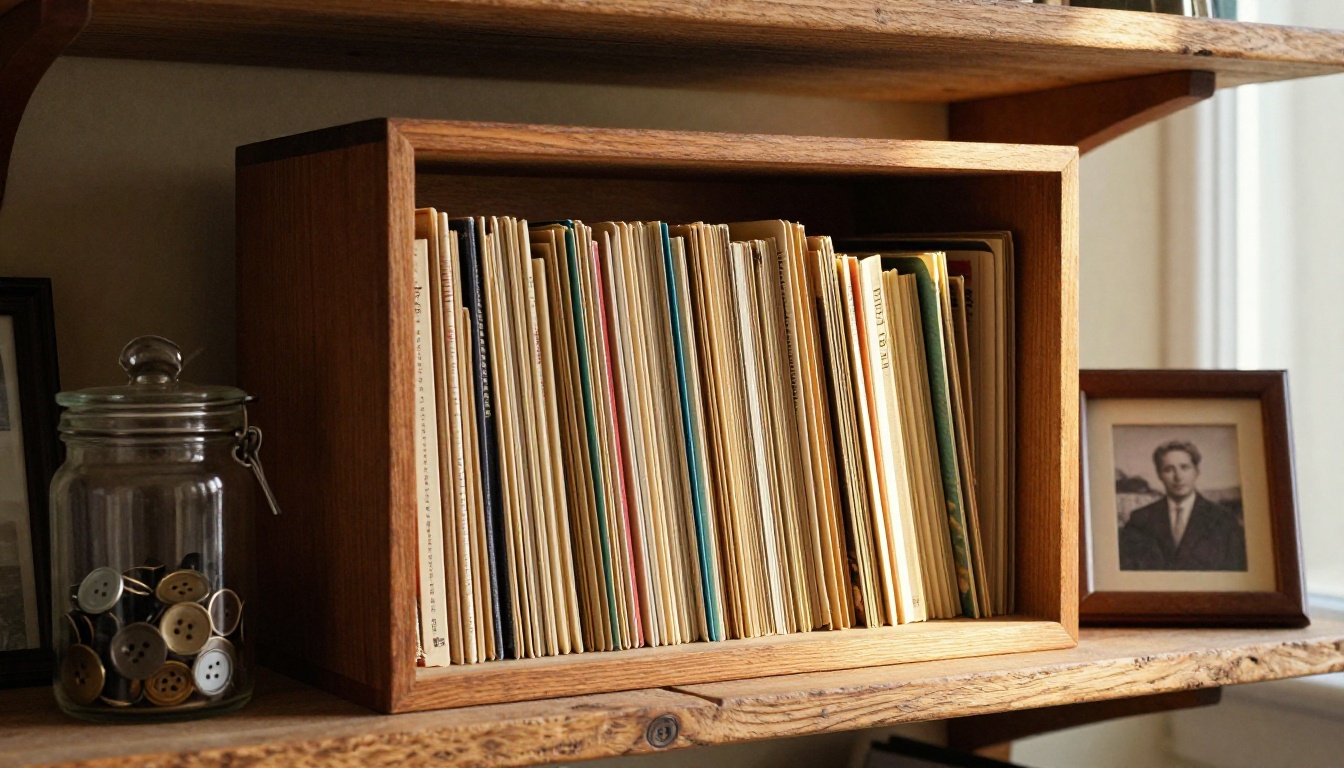 An elegant wooden archive box holding neatly organized vintage postcards on a shelf