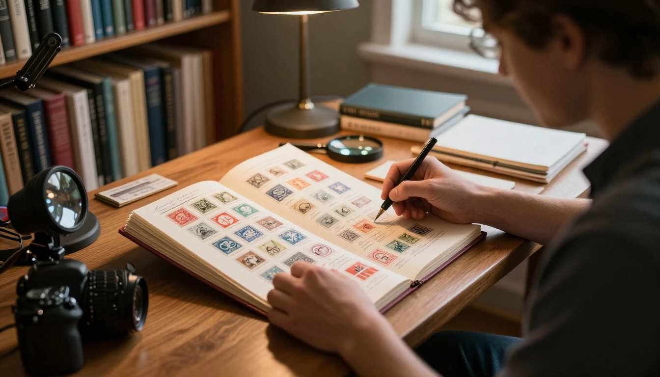 A philatelist carefully photographing an open stamp album using a copy stand A philatelist carefully photographing an open stamp album using a copy stand