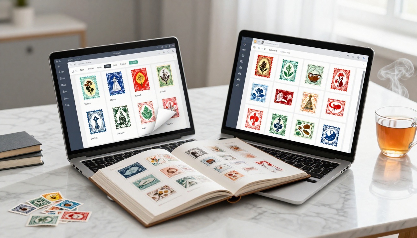 A laptop displaying a digital stamp collection flipbook with page-turn animation A laptop displaying a digital stamp collection flipbook with page-turn animation