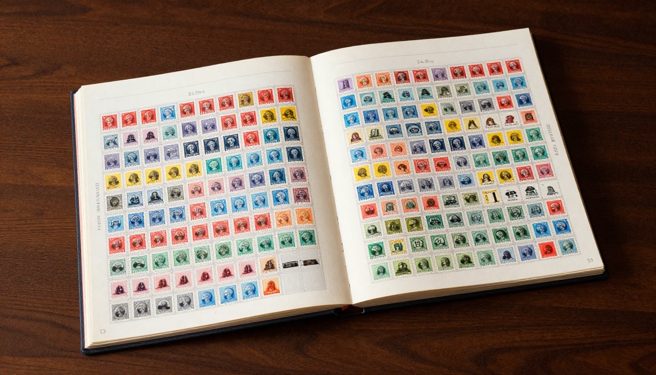 Aerial view of an open philatelist album showing organized stamp pages Aerial view of an open philatelist album showing organized stamp pages