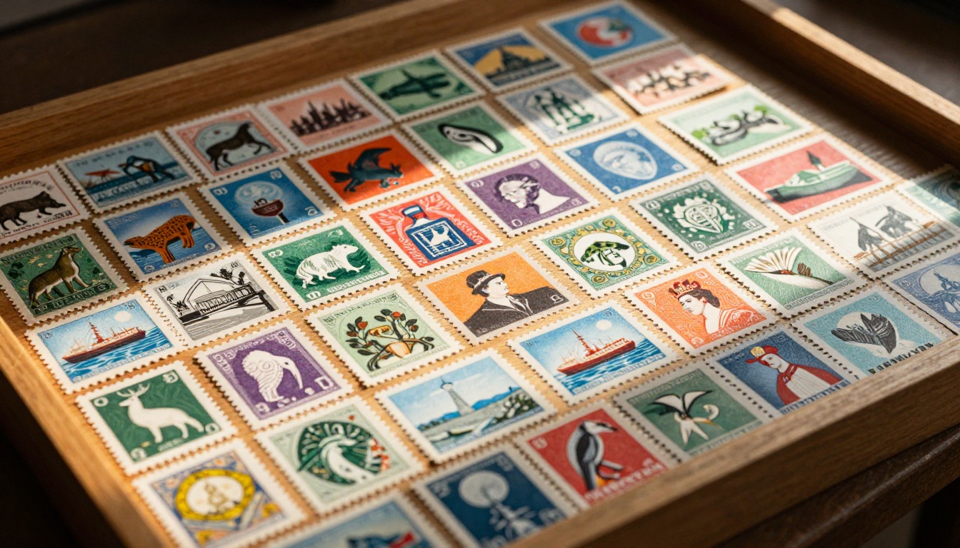 A wooden display tray filled with colorful postage stamps from dozens of countries