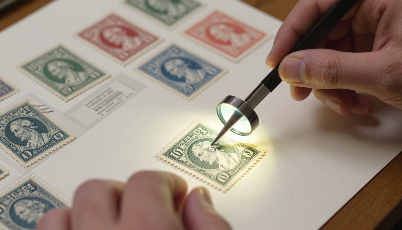 Collector's hands using tongs to handle a rare vintage stamp over an archival mat