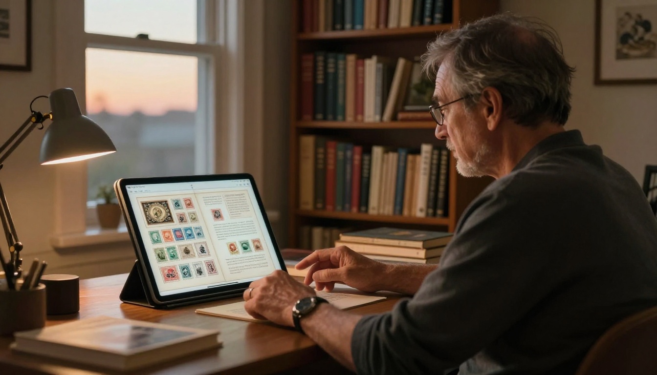 A collector reviewing a digital stamp flipbook on a tablet in a warm cozy study