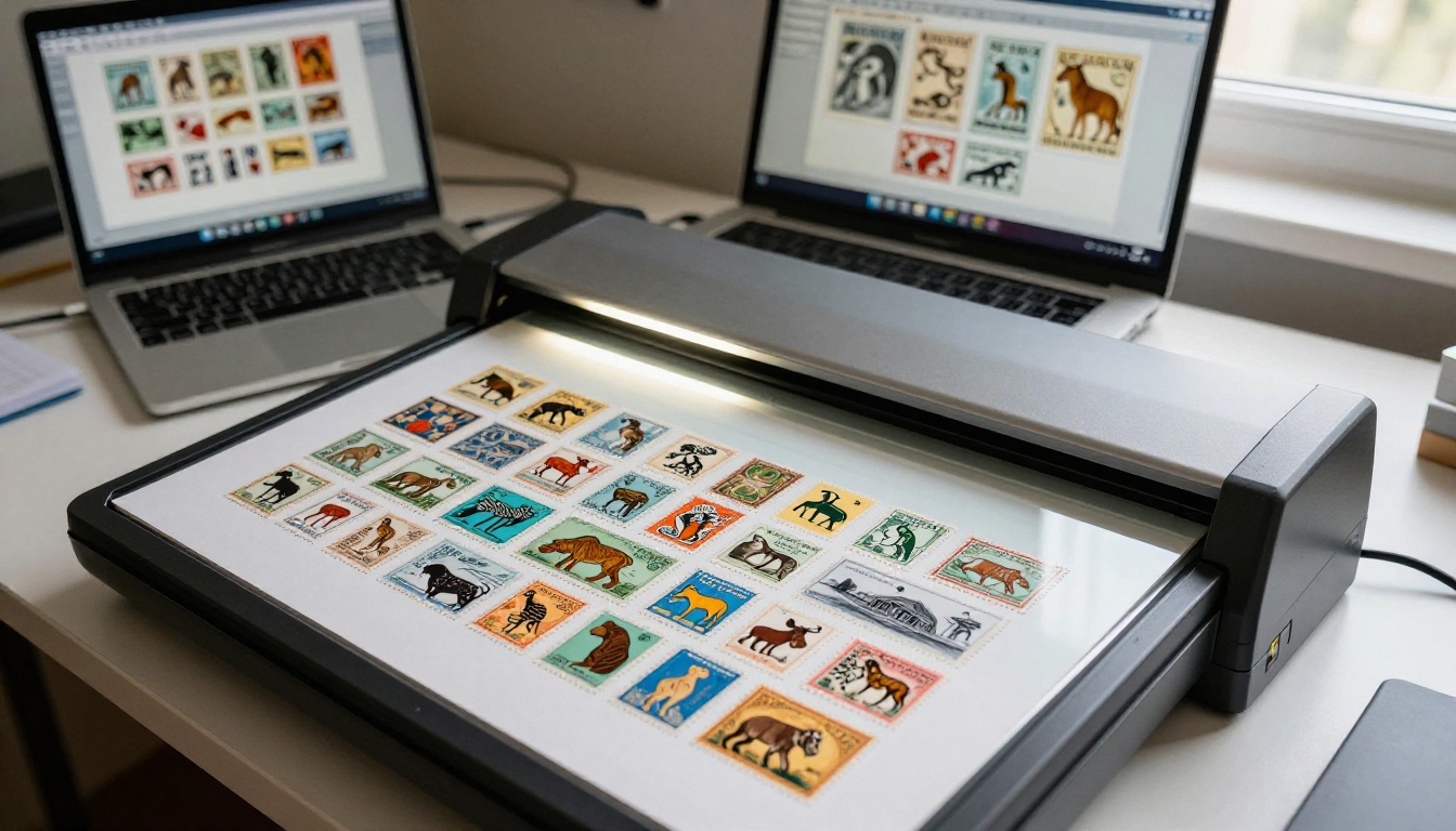 A flatbed scanner capturing vintage stamps with precise even lighting A flatbed scanner capturing vintage stamps with precise even lighting