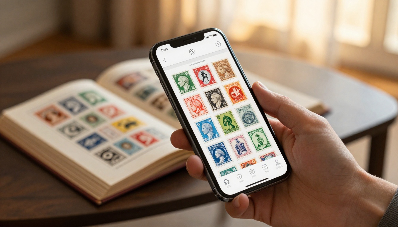 A smartphone displaying a digital stamp collection flipbook in warm afternoon light