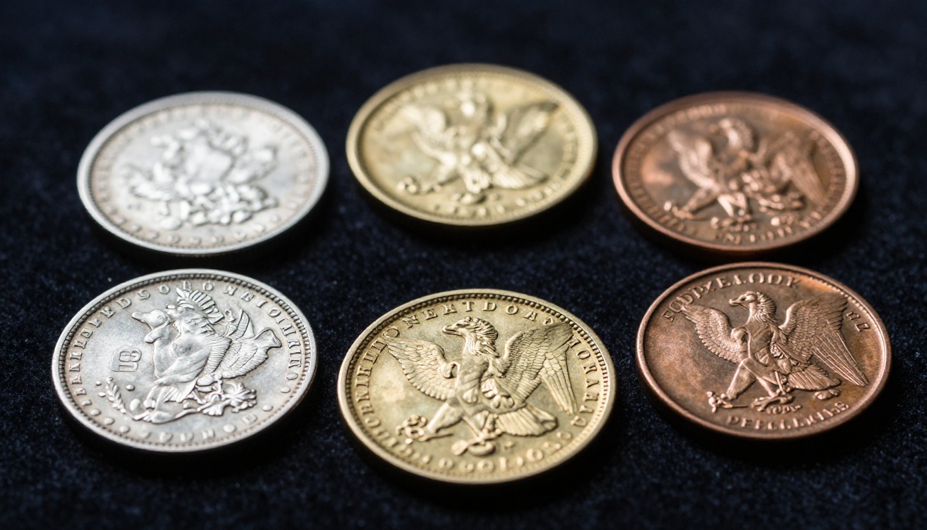 Rare historical coins arranged on dark navy velvet, macro photography showing intricate engraving details and natural patina Rare historical coins arranged on dark navy velvet, macro photography showing intricate engraving details and natural patina