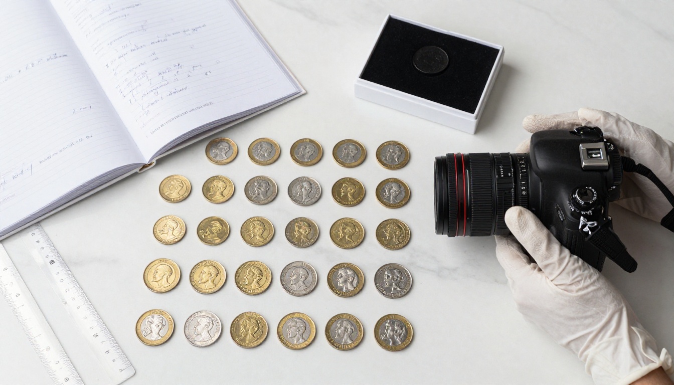 Overhead aerial view of organized coin collector's workspace with labeled velvet trays, DSLR camera on copy stand, and documentation tools on white marble surface Overhead aerial view of organized coin collector's workspace with labeled velvet trays, DSLR camera on copy stand, and documentation tools on white marble surface