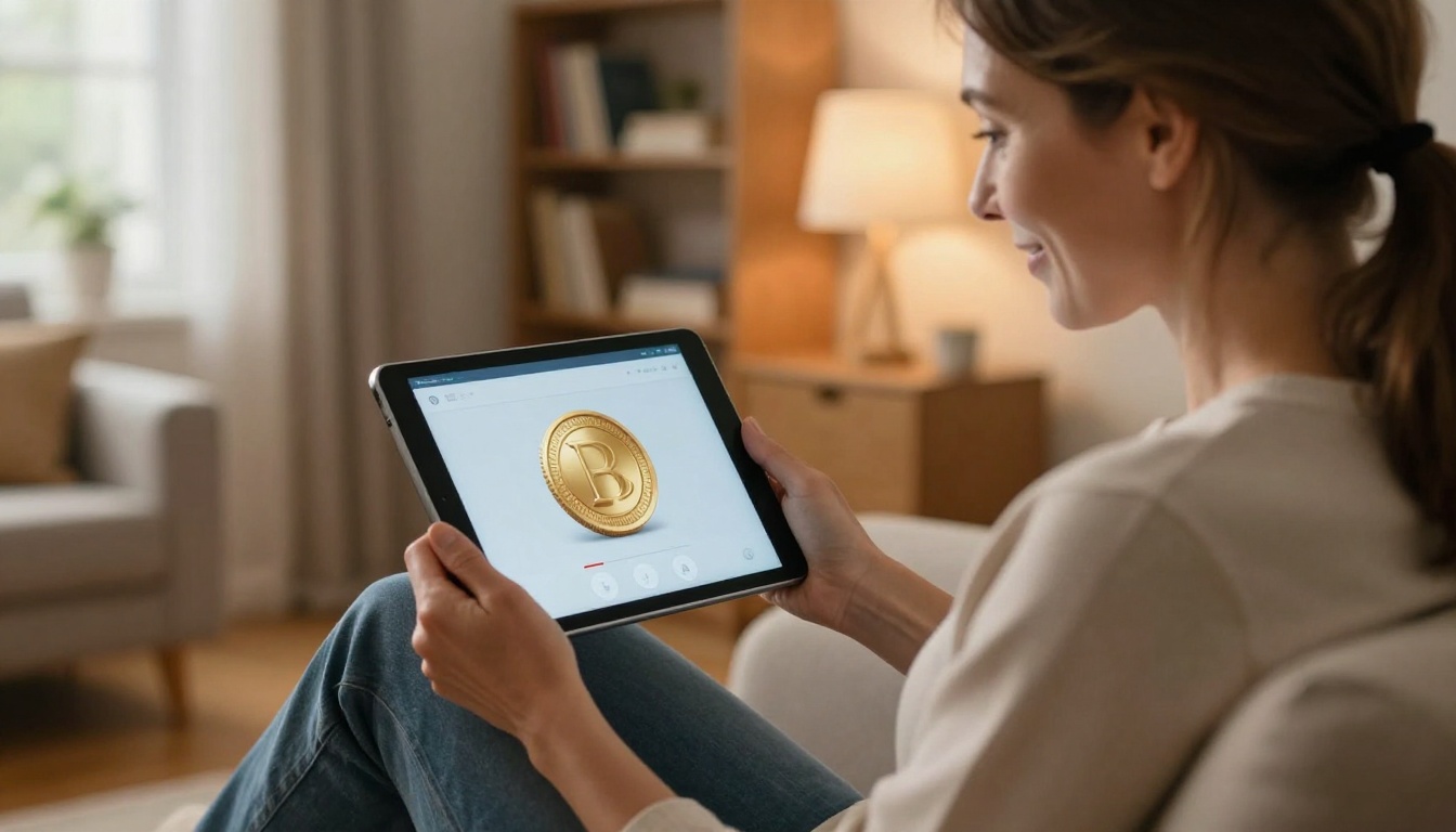 Middle-aged woman smiling while browsing a digital coin catalog on a tablet in a cozy living room armchair, warm ambient light Middle-aged woman smiling while browsing a digital coin catalog on a tablet in a cozy living room armchair, warm ambient light