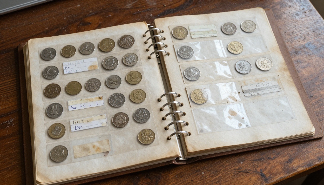 Deteriorating old coin collection binder with yellowed pages and cracked plastic pockets Deteriorating old coin collection binder with yellowed pages and cracked plastic pockets